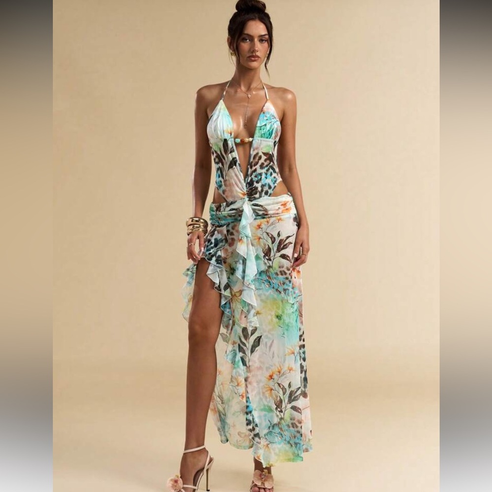 Slit Fitted & Elegant Floral Leopard Print Vacation Dress - Picture 4 of 4
